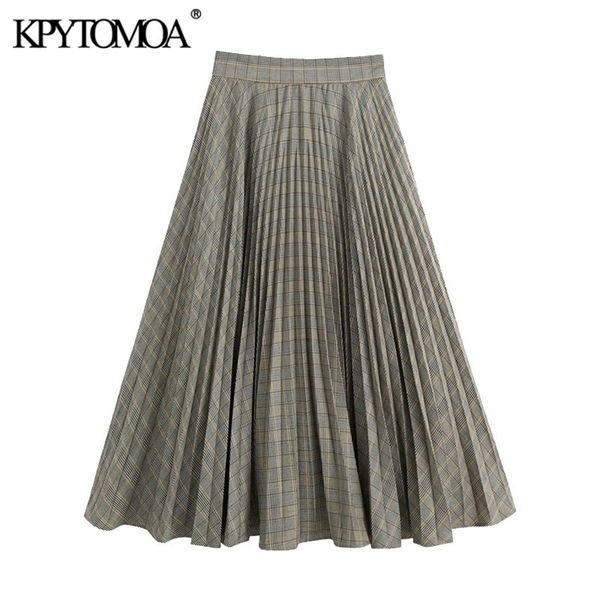 

kpytomoa women chic fashion office wear pleated check midi skirt vintage high waist side zipper plaid female skirts mujer 210311, Black