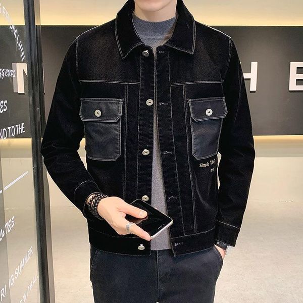 

men's jackets style autumn flocking denim jacket fashion slim fit, Black;brown