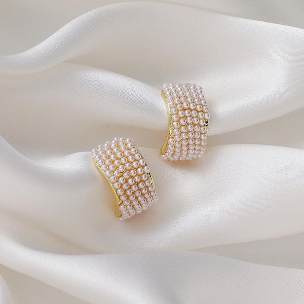 

hoop & huggie korean unique twisted c shape earrings for women full simulated pearl circle open wedding bridal jewelry gifts, Golden;silver