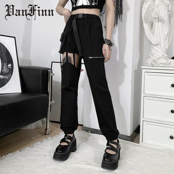 

women's pants & capris fashion leg bunched cargo women hollow holes loose with multi-pocket zipper belt to show slim casual for girl, Black;white
