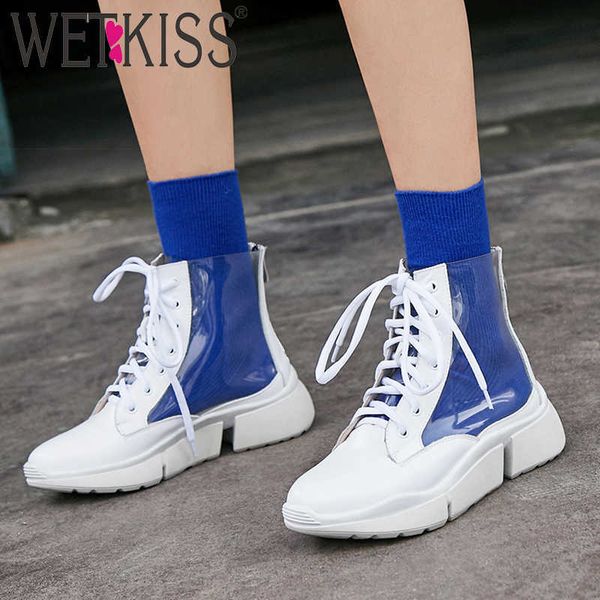 

wetkiss pvc women ankle boots lace up round toe footwear leather flat sole platform female boot fashion casual shoes spring 210630, Black
