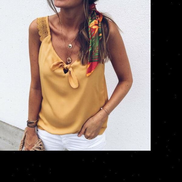 

women v neck chiffon vest loose solid lace bow casual beach sleeveless tank t shirt women famle, White