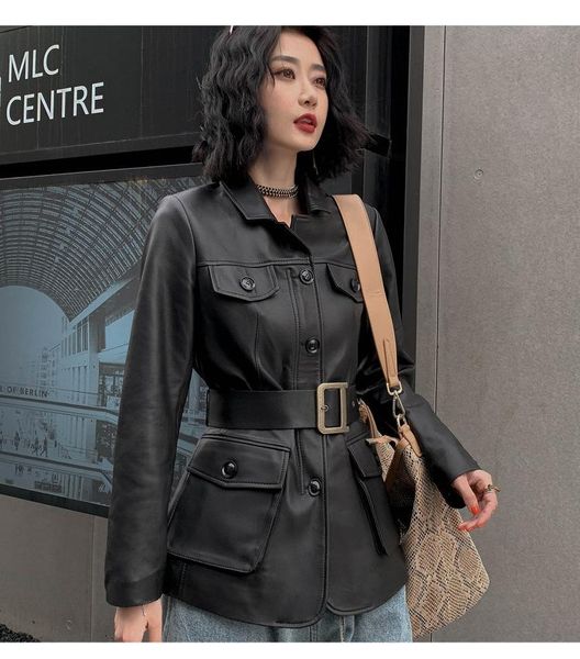 

women's leather & faux 2021 autumn women sheepskin jacket real slim motorcycle handsome winter streetwear shearling high quality, Black