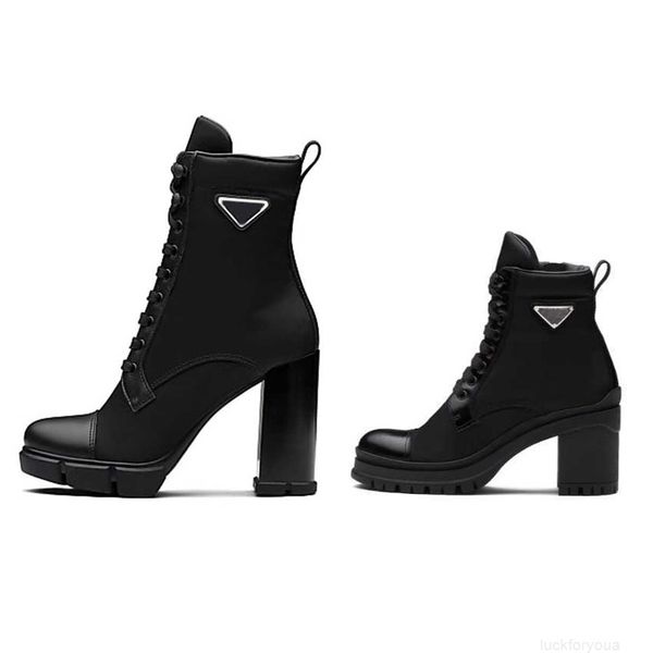 

luxury designer women ankle boots heel leather and nylon fabric booties fashion biker australia platform heels winter sneakers size 35-41, Black