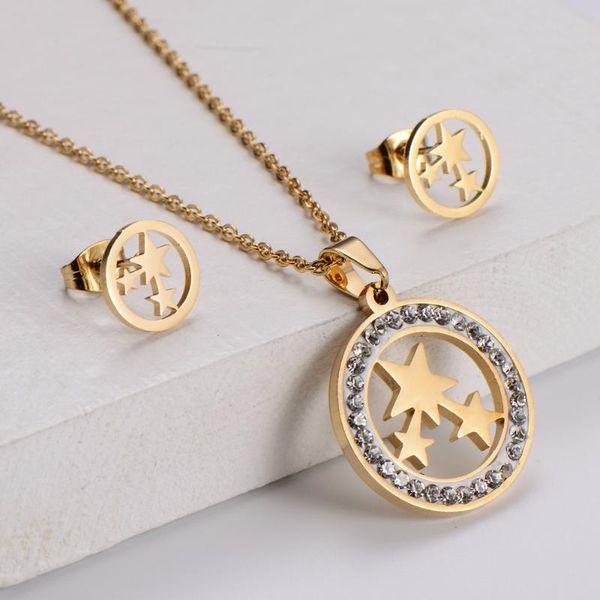 

earrings & necklace classic style christmas jewelry sets womem collars stainless steel star pendant gold color cubic zirconia, Silver