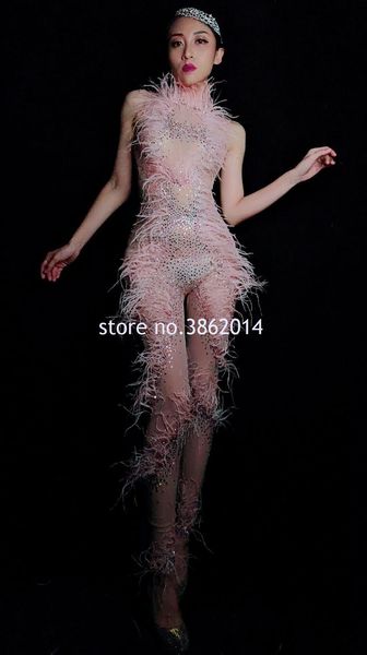 

multicolor rhinestones pink feather mesh see through jumpsuit women birthday celebrity prom party outfit singer dancer bodysuit, Black;red