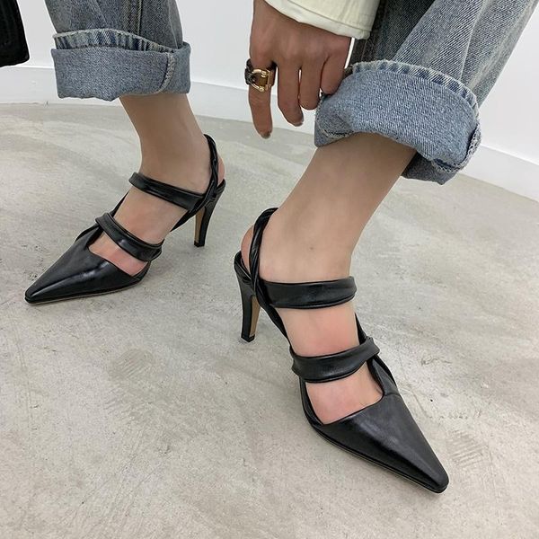 

women fashion new full leather high heels 2021 spring thin heel nude shoes personality fashion black big size 34-41