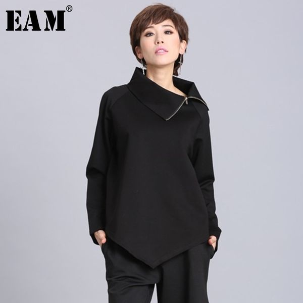 

[eam] 2021new spring summer black asymmetric turtleneck collar full sleeve casual zipper women fashion tide loose oa882 210306, White