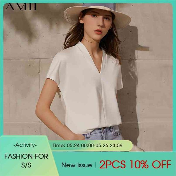 

minimalism summer fashion women's blouse offical lady solid vneck loose shirt causal 12160019 210527, White