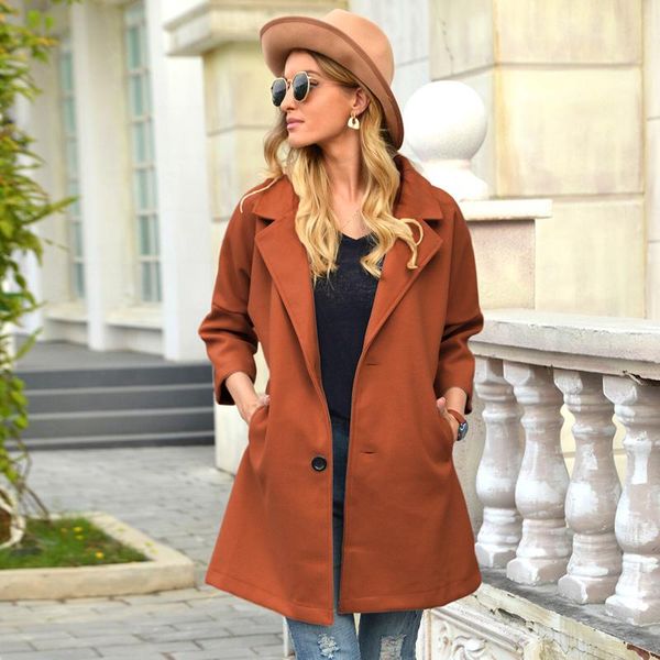 

women's wool & blends coat 2021 solid color turn-down collar three quarter sleeve button pocket casual long outwear elegant autumn coat, Black