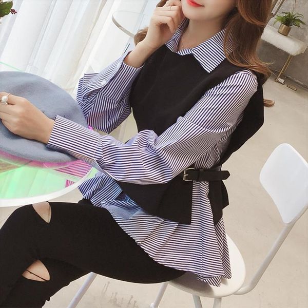 

two piece long sleeve vest womens shirts and korean plus size stripe spring autumn blusas mujer, White