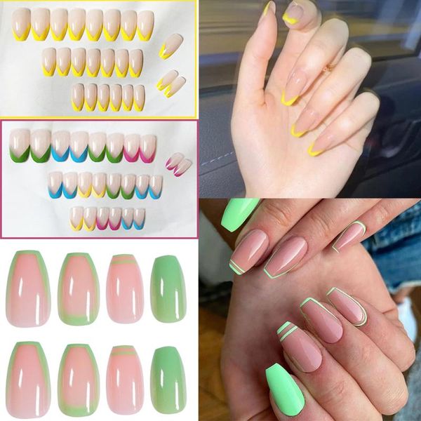 

false nails 24pcs ballerina fake candy colors abstract art natural coffin press on nail tips abs full cover diy decor m, Red;gold