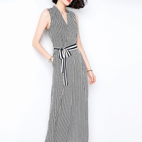 

v-neck waist thin slim feeling wide leg pants sleeveless print casual jumpsuit female new 210317, Black;white