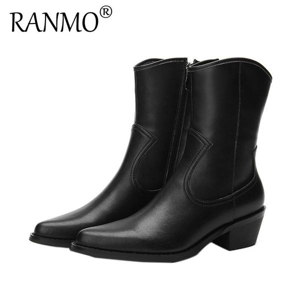 

boots winter women's shoes retro pointed thick heel short fashion medium genuine leather knights', Black