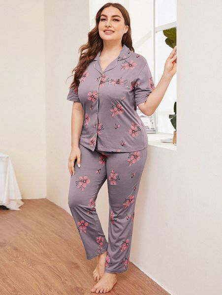

plus contrast piping floral print pajama set g3af#, Black;white