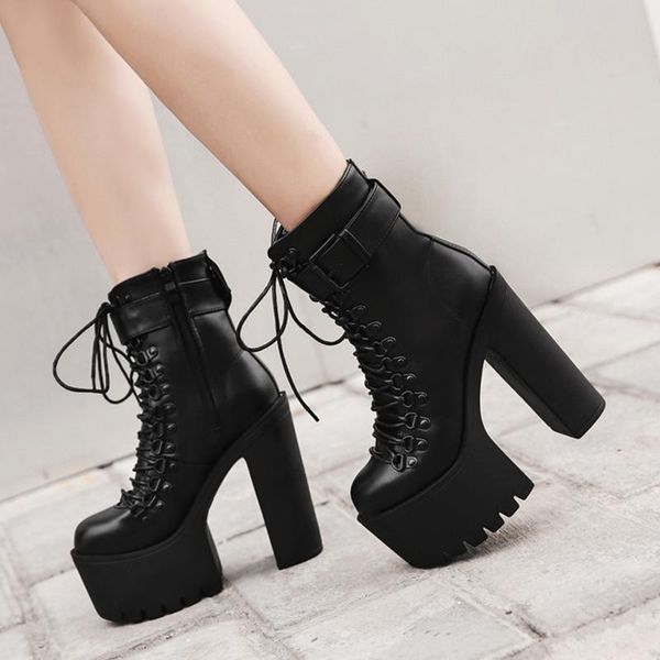 

boots leather lace up booties women high heels spring autumn platform ankle with zippers black punk quality big size