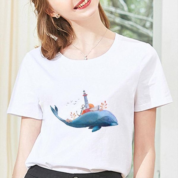 

femme short sleeve fashion womens t shirts whale printed clothing white o neck summer