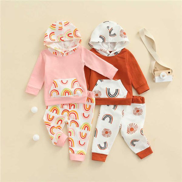 

newborn baby boys girls casual tracksuits, spring fall 2pcs rainbow print hooded long sleeves sweatshirt + elastic waist pants g1023, White