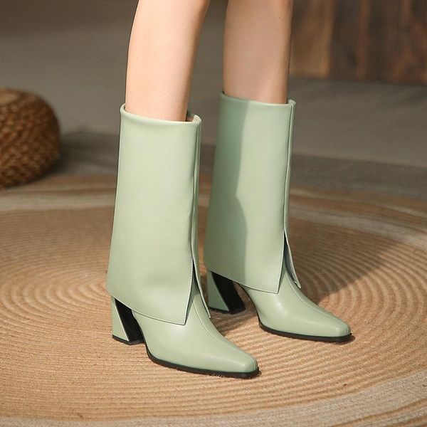 

boots autumn winter women shoes knee high lolita style 2021 heels pointed toe black beige dress party ladies