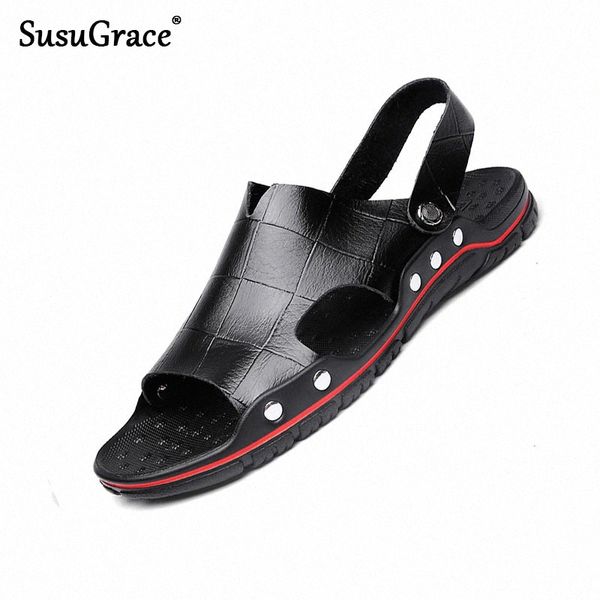 

susugrace summer men slippers leather sandals sneaker outdoor shoes lightweight soft plus size retro flat breathable comfortable c385#, Black