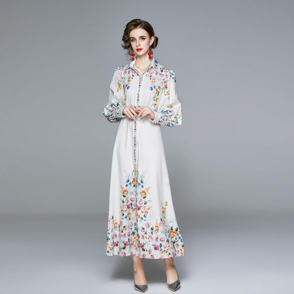 

casual dresses 2021 autumn winter fashion women floral print puff sleeve dress turn down collar single breasted, Black;gray