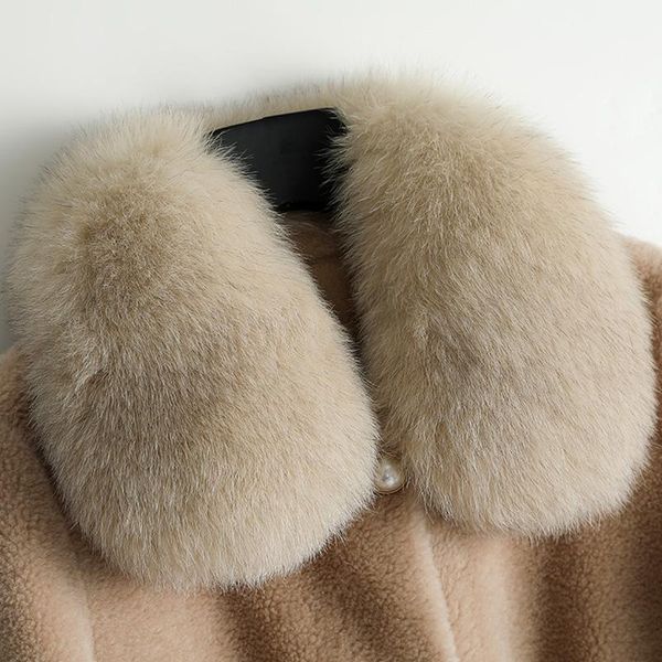 

women's fur & faux real coat female larga collar vintage sheep shearing jacket women korean 100% wool coats hiver 796, Black