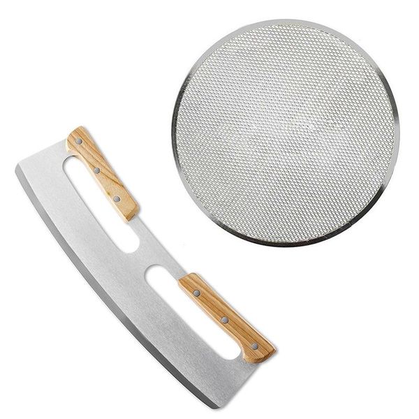 

baking & pastry tools 1 pcs round pizza oven tray barbecue grate nonstick mesh net(10 inch)& stainless steel dough scraper