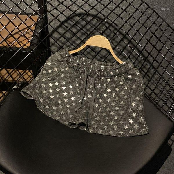 

vintage star printed cotton women shorts summer high waist drawstring wide leg female all match women's, White;black