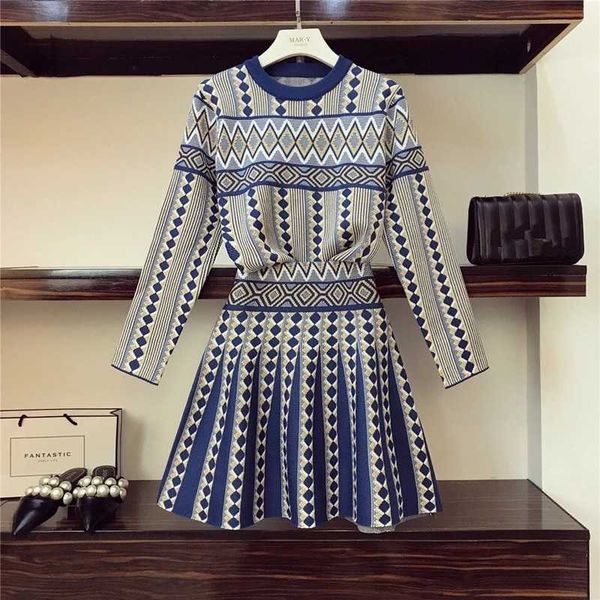 

women knitted 2-piece sets casual jacquard geometric pattern sweater jumpers a-line skirt sets fall winter blue black gray, White