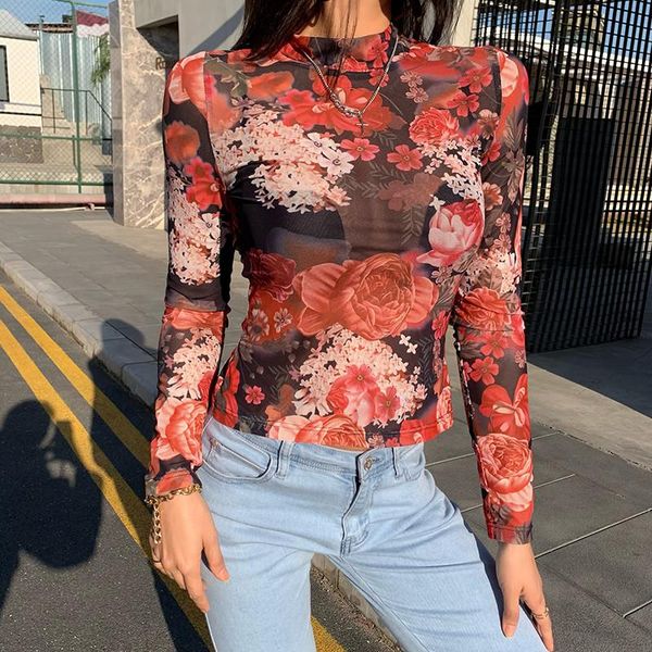 

women's t-shirt flower print long sleeve half high collar mesh sheer summer see throught slim fit t shirt clothes streetwear, White