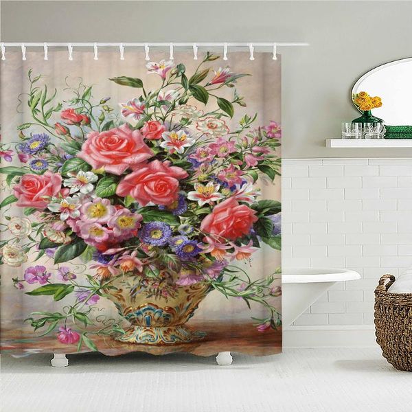 

shower curtains retro oil painting beautiful flowers fabric curtain waterproof bath for bathroom decor with hooks