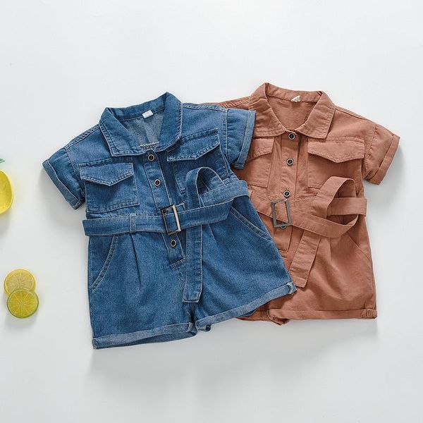 

jumpsuits kids baby boys girls short sleeve denim fashion single breasted rompers toddler overalls 18m-6y wholesale clothing, Blue