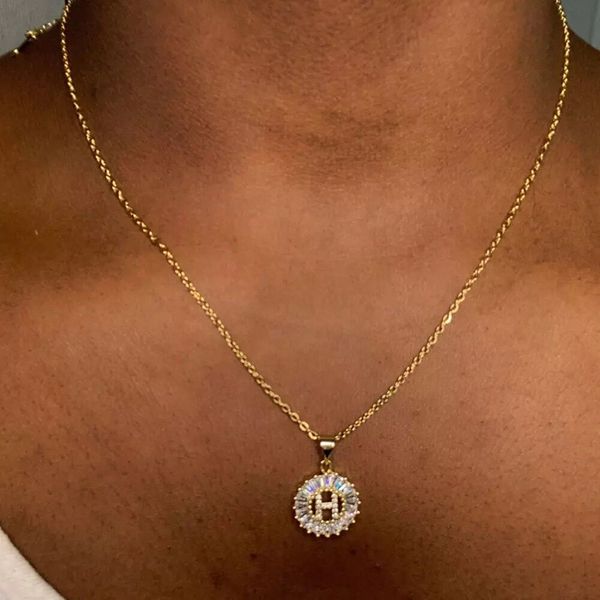 

clear cubic zirconia letter pendant necklace gold color 26 a-z initial copper charm stainless steel chain necklace gift, Silver