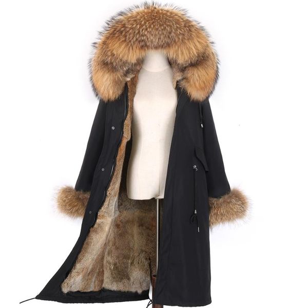 

women's fur & faux 2021 7xl real rex overcoat raccoon collar hooded waterproof women jacket womens coats x-long thick parka, Black