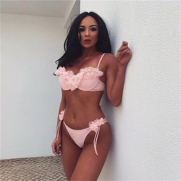 

2021 new summer women two pieces swimsuit lace up bikini thong swimwear push up solid bathing suit low waist beach wear
