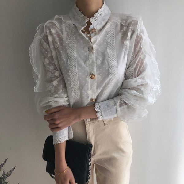 

early spring lace ol streetwear 2021 gentle casual new arrival women loose stand all match shirts q8q0, White