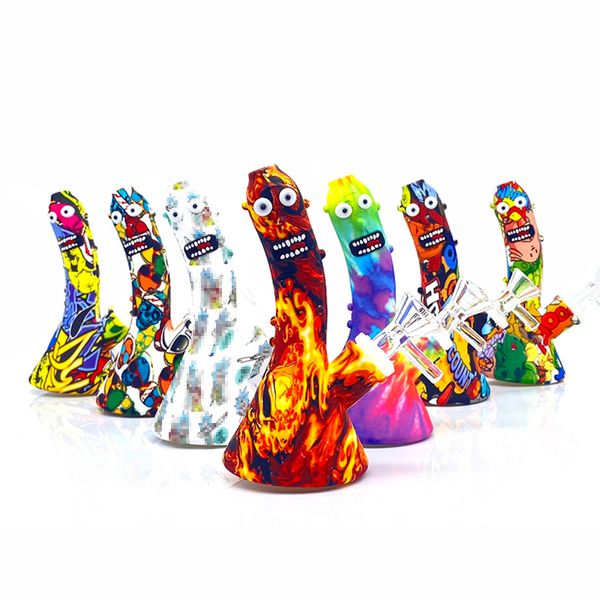 Silikonbongs 5,7 Zoll Cartoon-Druck Mini Shisha Dab Rigs Gurken Bong mit Glasschüssel Wasserpfeife Multi Color Free DHL