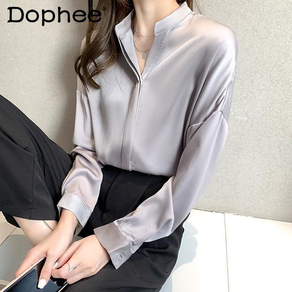 

women's blouses & shirts korean style solid stand collar long sleeve shirt women oversized work wear blouse pullover 2021 autumn clothi, White