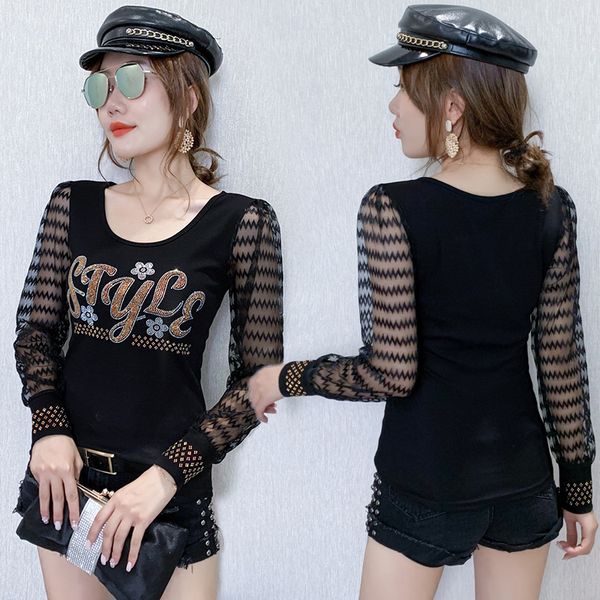 

2021 new black red letter rhinestone crystal cotton t shirts women autumn long sleeve streetwear fashion tee slim t-shirt t07915b a2uu, White