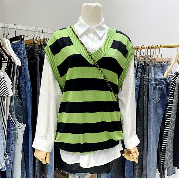 

two piece dress 2021 autumn women long sleeves shirts + v neck stripe knitted vest 2 pcs sets female casual suits a1959, White