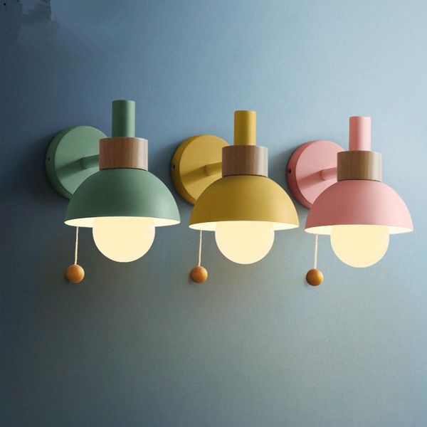 

wall lamp nordic wooden led metal lampshade for bedroom bedside bathroom modern macaron home kids