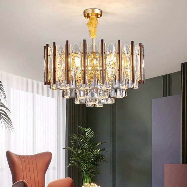 

luxury modern k9 crystal e14 led pendant lights shiny gold steel chain hanging lamp lustre luminarias indoor lighting fixtures