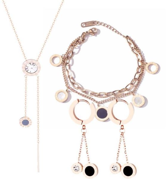 

earrings & necklace black beige roman numerals double titanium steel bracelet tassel earring set rose gold wedding jewelry, Silver