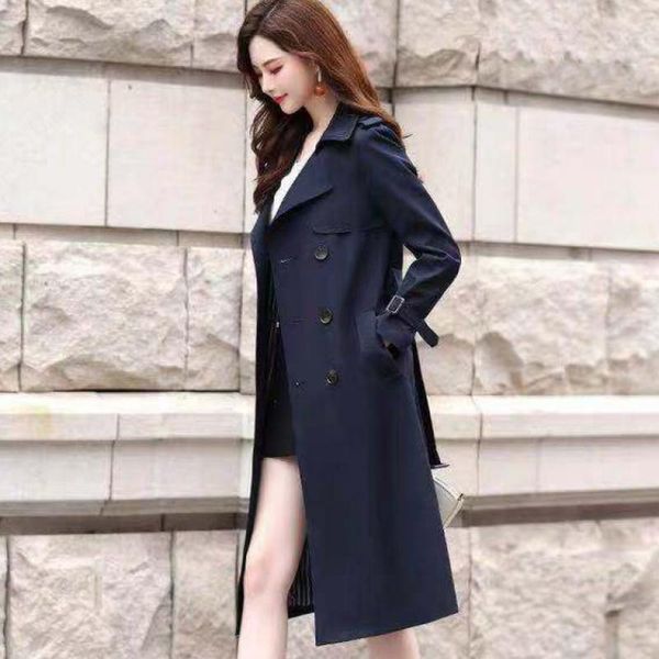 

2021 spring autumn winter women turn-down collar double breasted trench office lady solid long trench with belt, Tan;black