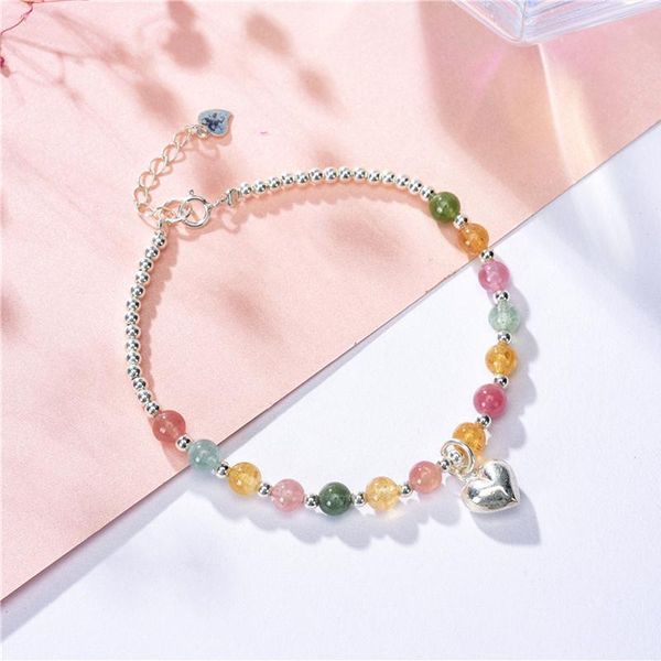 

beaded, strands exquisite charms natural tourmaline stone beads bracelet clasp 925 sterling silver heart pendant twistband jewelry accessori, Black