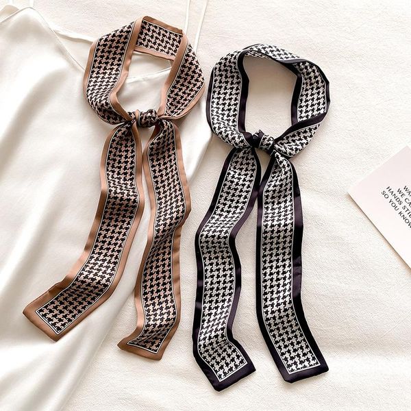 

scarves long silk scarf neck ribbon hairband women skinny neckerchief leopard printed bandana soft handle bag ties, Blue;gray