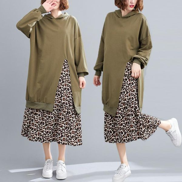 

casual dresses oladivi oversized women long sleeve loose hooded dress 2021 autumn leopard vintage ladies robe vestidios 5027, Black;gray