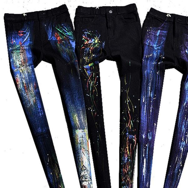 

women plus velvet graffiti leggings lovely angel printed leggings winter pencil pants lady elastic waist slim leggings, Black
