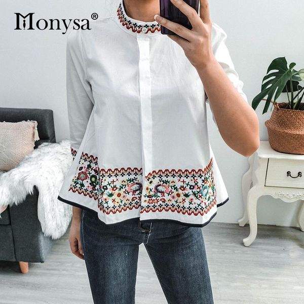 

floral embroidery shirts womens 2021 summer stand collar casual blouse ladies white fashion elegant women clothes