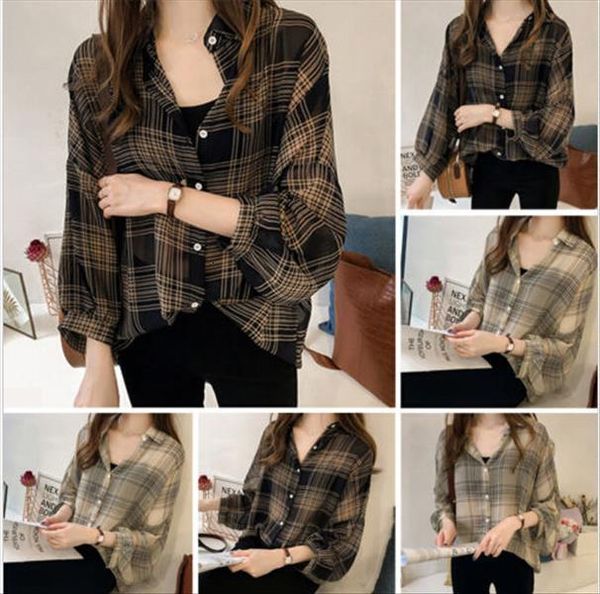 

brand size plus women blouses long sleeve button plaids ladies shirts baggy loose cool design blouse new  4xl, White